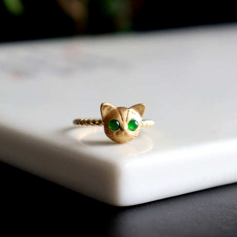 18k冰种翠绿翡翠猫咪戒指-翡翠-冰种-A15HX21H03001