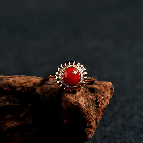 18k金镶钻阿卡圆珠红珊瑚戒指--红珊瑚-阿卡-A100217B15003