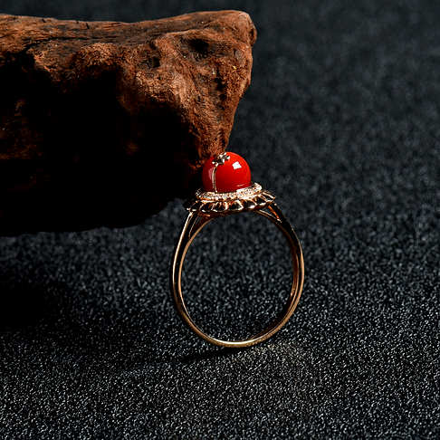 18k金镶钻阿卡圆珠红珊瑚戒指--红珊瑚-阿卡-A100217B15003