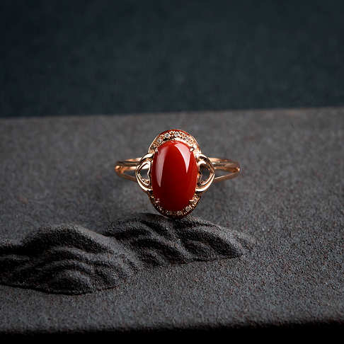 金镶钻阿卡黑红珊瑚戒指--红珊瑚-阿卡-B100217D03008
