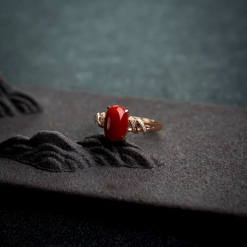 金镶钻阿卡正红珊瑚戒指--红珊瑚-阿卡-B100217E22009