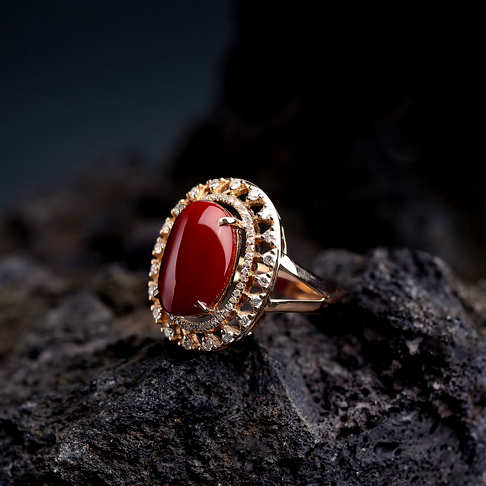 金镶钻阿卡深红珊瑚戒指--红珊瑚-阿卡-B100217F15016