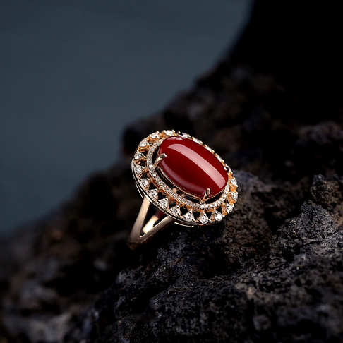 金镶钻阿卡深红珊瑚戒指--红珊瑚-阿卡-B100217F15016