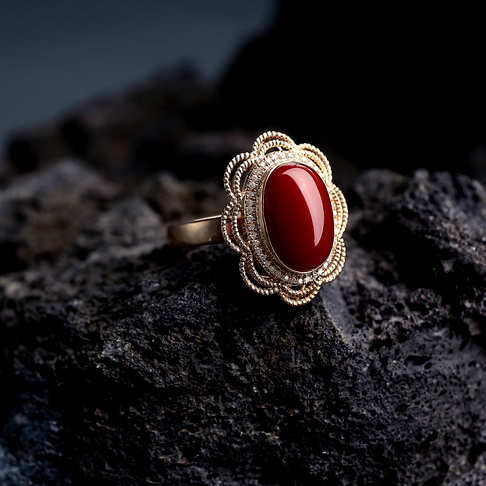 金镶钻阿卡正红珊瑚戒指--红珊瑚-阿卡-B100217F15024