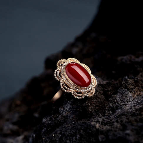 金镶钻阿卡正红珊瑚戒指--红珊瑚-阿卡-B100217F15024