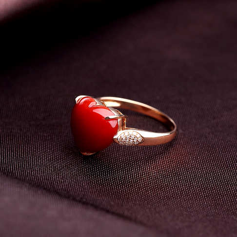 金镶钻阿卡正红珊瑚心形戒指--红珊瑚-阿卡-B101517B05024