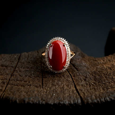 金镶钻阿卡深红珊瑚戒指--红珊瑚-阿卡-B101517B25004