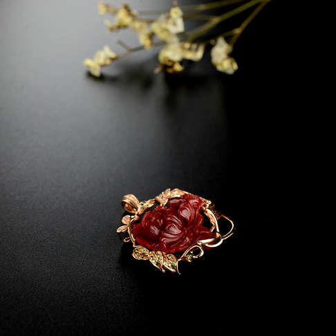 金镶钻阿卡红珊瑚牡丹花吊坠--红珊瑚-阿卡-B106816K30002