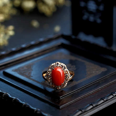 金镶阿卡珊瑚戒指--红珊瑚-阿卡-B106816L09003