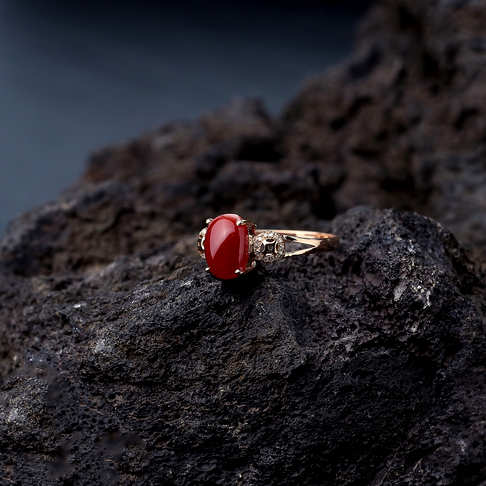 金镶钻阿卡正红珊瑚戒指--红珊瑚-阿卡-B106817F27020