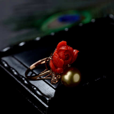 沙丁珊瑚牡丹花戒指--红珊瑚-沙丁-B106819J26009