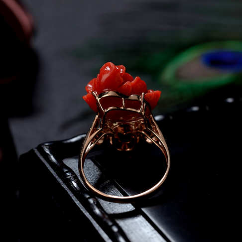 沙丁珊瑚牡丹花戒指--红珊瑚-沙丁-B106819J26009
