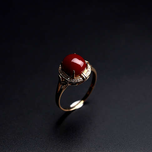 金镶钻阿卡牛血红珊瑚戒指--红珊瑚-阿卡-B107116J26007