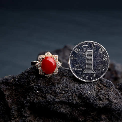 金镶钻阿卡朱红珊瑚戒指--红珊瑚-阿卡-B107717F13023
