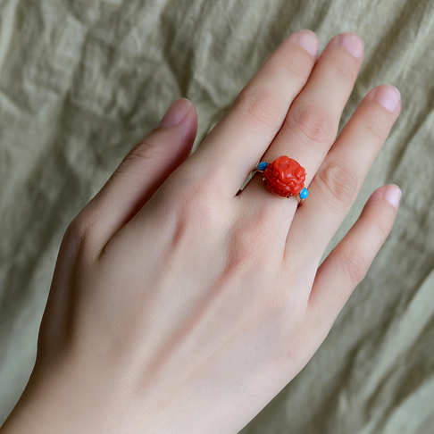 沙丁珊瑚兽头戒指--红珊瑚-沙丁-B107918I27005