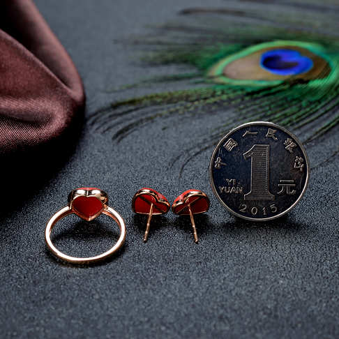 沙丁珊瑚心形戒指/耳钉套装--红珊瑚-沙丁-B10DX19H10008