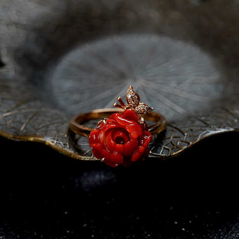 阿卡珊瑚牡丹花戒指--红珊瑚-阿卡-B10F719G13004