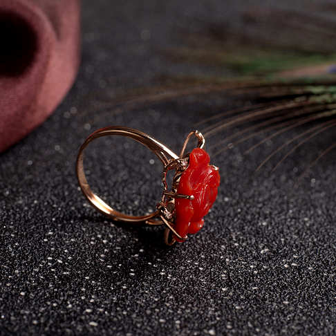 阿卡牛血红珊瑚牡丹花戒指--红珊瑚-阿卡-F107922D15010
