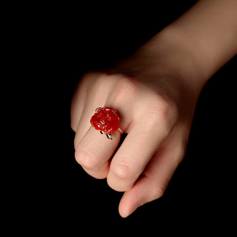 阿卡牛血红珊瑚牡丹花戒指--红珊瑚-阿卡-F107922D15010