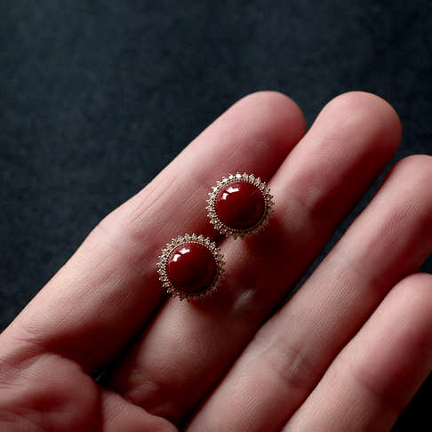 阿卡牛血红珊瑚圆形耳钉--红珊瑚-阿卡-F10DX20H30007
