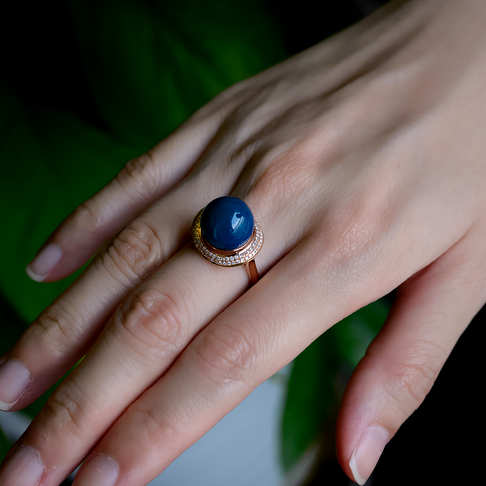 天空蓝多米蓝珀圆珠戒指--琥珀-蓝珀-B01I519G30007