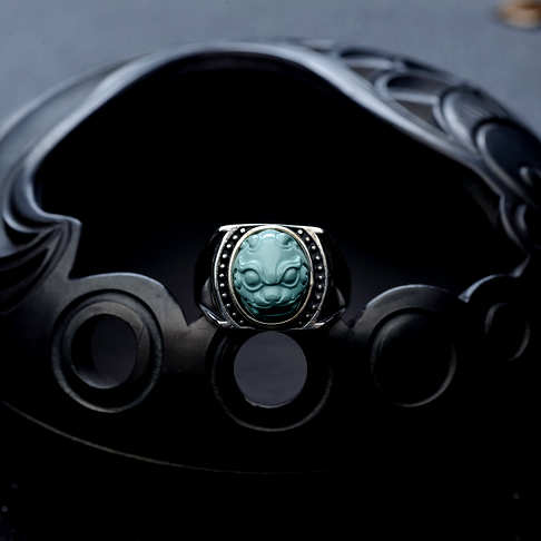 银镶高瓷蓝绿绿松石兽头戒指--绿松石-F224018G27008