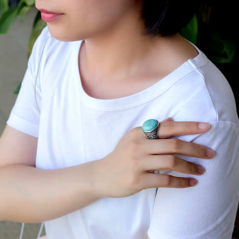 银镶中高瓷铁线蓝绿绿松石戒指--绿松石-F22J518E22004