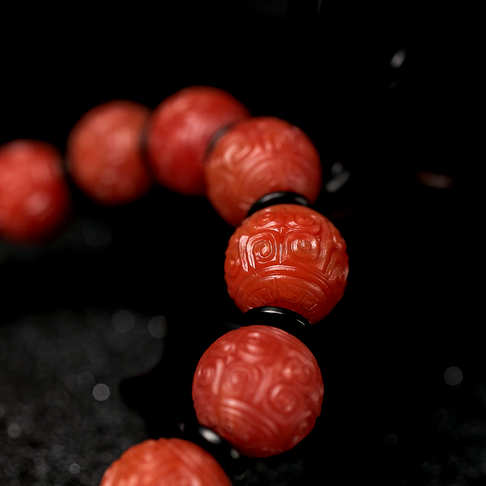 13.5mm柿子红南红回纹珠单圈手串-南红玛瑙-保山南红-B02R817L310