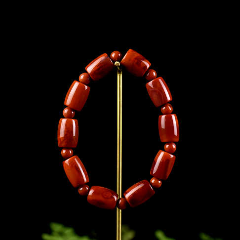 柿子红南红火焰纹桶珠单圈手串-南红玛瑙-四川南红-D02S018G27003